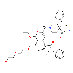 ChemSpider 2D Image | 8-{[(2R,3S,4S)-4-(1,5-Dimethyl-3-oxo-2-phenyl-2,3-dihydro-1H-pyrazol-4-yl)-2-ethoxy-3-{2-[2-(2-hydroxyethoxy)ethoxy]ethyl}-3,4-dihydro-2H-pyran-6-yl]carbonyl}-1-phenyl-1,3,8-triazaspiro[4.5]decan-4-on
e | C38H49N5O8