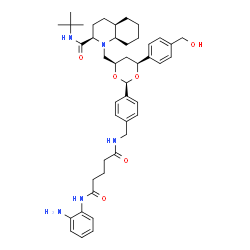 ChemSpider 2D Image | N-(2-Aminophenyl)-N'-{4-[(2R,4S,6R)-4-[4-(hydroxymethyl)phenyl]-6-{[(2R,4aR,8aR)-2-[(2-methyl-2-propanyl)carbamoyl]octahydro-1(2H)-quinolinyl]methyl}-1,3-dioxan-2-yl]benzyl}pentanediamide | C44H59N5O6