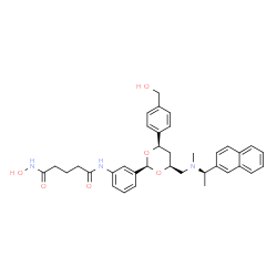 ChemSpider 2D Image | N-Hydroxy-N'-{3-[(2S,4R,6S)-4-[4-(hydroxymethyl)phenyl]-6-({methyl[(1R)-1-(2-naphthyl)ethyl]amino}methyl)-1,3-dioxan-2-yl]phenyl}pentanediamide | C36H41N3O6