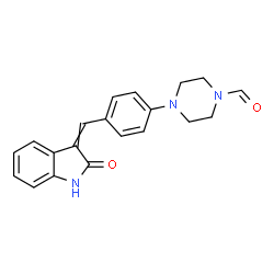 ChemSpider 2D Image | 4-{4-[(2-Oxo-1,2-dihydro-3H-indol-3-ylidene)methyl]phenyl}-1-piperazinecarbaldehyde | C20H19N3O2