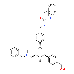 ChemSpider 2D Image | 1-Adamantan-1-yl-3-{4-[(2S,4R,5R,6S)-4-[4-(hydroxymethyl)phenyl]-5-methyl-6-({methyl[(1S)-1-phenylethyl]amino}methyl)-1,3-dioxan-2-yl]benzyl}urea | C40H51N3O4