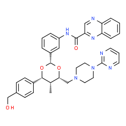 ChemSpider 2D Image | N-{3-[(2S,4R,5R,6S)-4-[4-(Hydroxymethyl)phenyl]-5-methyl-6-{[4-(2-pyrimidinyl)-1-piperazinyl]methyl}-1,3-dioxan-2-yl]phenyl}-2-quinoxalinecarboxamide | C36H37N7O4