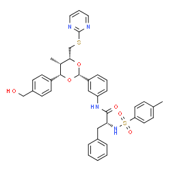 ChemSpider 2D Image | N-(3-{(2R,4S,5S,6R)-4-[4-(Hydroxymethyl)phenyl]-5-methyl-6-[(2-pyrimidinylsulfanyl)methyl]-1,3-dioxan-2-yl}phenyl)-Nalpha-[(4-methylphenyl)sulfonyl]-D-phenylalaninamide | C39H40N4O6S2