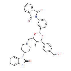 ChemSpider 2D Image | 2-{3-[(2R,4S,5S,6R)-4-[4-(Hydroxymethyl)phenyl]-5-methyl-6-{[4-(2-oxo-2,3-dihydro-1H-benzimidazol-1-yl)-1-piperidinyl]methyl}-1,3-dioxan-2-yl]phenyl}-1H-isoindole-1,3(2H)-dione | C39H38N4O6