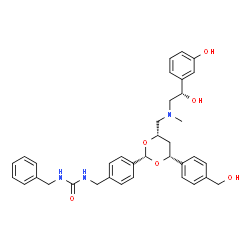 ChemSpider 2D Image | 1-Benzyl-3-(4-{(2S,4S,6R)-4-({[(2S)-2-hydroxy-2-(3-hydroxyphenyl)ethyl](methyl)amino}methyl)-6-[4-(hydroxymethyl)phenyl]-1,3-dioxan-2-yl}benzyl)urea | C36H41N3O6