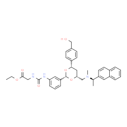 ChemSpider 2D Image | Ethyl N-({3-[(2R,4S,6R)-4-[4-(hydroxymethyl)phenyl]-6-({methyl[(1R)-1-(2-naphthyl)ethyl]amino}methyl)-1,3-dioxan-2-yl]phenyl}carbamoyl)glycinate | C36H41N3O6