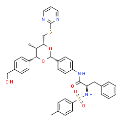 ChemSpider 2D Image | N-(4-{(2R,4S,5S,6R)-4-[4-(Hydroxymethyl)phenyl]-5-methyl-6-[(2-pyrimidinylsulfanyl)methyl]-1,3-dioxan-2-yl}phenyl)-Nalpha-[(4-methylphenyl)sulfonyl]-D-phenylalaninamide | C39H40N4O6S2