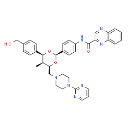 ChemSpider 2D Image | N-{4-[(2R,4S,5S,6R)-4-[4-(Hydroxymethyl)phenyl]-5-methyl-6-{[4-(2-pyrimidinyl)-1-piperazinyl]methyl}-1,3-dioxan-2-yl]phenyl}-2-quinoxalinecarboxamide | C36H37N7O4