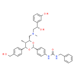 ChemSpider 2D Image | 1-Benzyl-3-(4-{(2R,4R,5S,6S)-4-({[(2S)-2-hydroxy-2-(3-hydroxyphenyl)ethyl](methyl)amino}methyl)-6-[4-(hydroxymethyl)phenyl]-5-methyl-1,3-dioxan-2-yl}phenyl)urea | C36H41N3O6