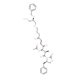 ChemSpider 2D Image | (2R,3R)-1-[(4R)-4-Benzyl-2-oxo-1,3-oxazolidin-3-yl]-10-[(2R)-2-(benzyloxy)-3-hydroxypropoxy]-2-methyl-1,4,7-trioxo-5-decen-3-yl acetate | C33H39NO10