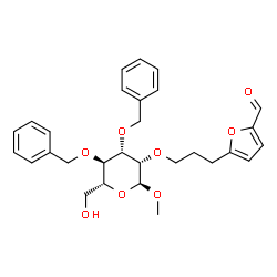 ChemSpider 2D Image | Methyl 3,4-di-O-benzyl-2-O-[3-(5-formyl-2-furyl)propyl]-alpha-D-mannopyranoside | C29H34O8