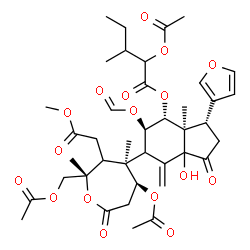 ChemSpider 2D Image | (3S,3aR,4R,5R)-6-[(2S,4R,5S)-5-Acetoxy-2-(acetoxymethyl)-3-(2-methoxy-2-oxoethyl)-2,4-dimethyl-7-oxo-4-oxepanyl]-5-(formyloxy)-3-(3-furyl)-7a-hydroxy-3a-methyl-7-methylene-1-oxooctahydro-1H-inden-4-yl
 2-acetoxy-3-methylpentanoate | C40H52O17