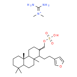 ChemSpider 2D Image | [(4bS)-1-[2-(3-furyl)ethyl]-4b,8,8,10a-tetramethyl-1,3,4,4a,5,6,7,8a,9,10-decahydrophenanthren-2-ylidene]methyl hydrogen sulfate; diaminomethylene-dimethyl-ammonium | C28H48N3O5S