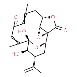 ChemSpider 2D Image | (1R,2S,4R,5R,6S,13S,14R)-5,6-Dihydroxy-4-isopropenyl-7,11-dimethyl-15,17,18-trioxatetracyclo[11.2.2.1~2,6~.0~1,14~]octadeca-7,10-diene-9,16-dione | C20H24O7