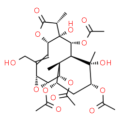 ChemSpider 2D Image | (1aR,3aS,6R,6aS,7R,7aS,8S,9R,11S,11aR,12S,12aR)-6a,8-Dihydroxy-2-(hydroxymethyl)-6,8,11a-trimethyl-5-oxo-1a,3a,5,6,6a,7,7a,8,9,10,11,11a,12,12a-tetradecahydrobenzo[4,5]oxireno[7,8]cyclodeca[1,2-b]fura
n-7,9,11,12-tetrayl tetraacetate | C28H38O14
