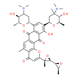 ChemSpider 2D Image | 10-[(2R,4S,5S,6R)-4-(Dimethylamino)-5-hydroxy-4,6-dimethyltetrahydro-2H-pyran-2-yl]-8-[(2R,5S,6R)-4-(dimethylamino)-5-hydroxy-6-methyltetrahydro-2H-pyran-2-yl]-2-[(2S,2'R,3R,3'S)-3,3'-dimethyl-2,2'-bi
oxir-3-yl]-11-hydroxy-5-methyl-4H-naphtho[2,3-h]chromene-4,7,12-trione | C41H50N2O11