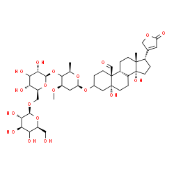 ChemSpider 2D Image | (5alpha,8xi,9beta,14alpha,17alpha)-3-{[(4xi)-beta-L-xylo-Hexopyranosyl-(1->6)-(3xi)-beta-L-ribo-hexopyranosyl-(1->4)-(4xi)-2,6-dideoxy-3-O-methyl-beta-D-threo-hexopyranosyl]oxy}-5,14-dihydroxy-19-oxoc
ard-20(22)-enolide | C42H64O19