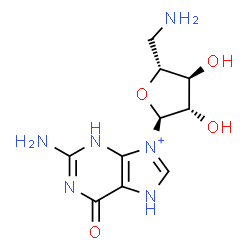 ChemSpider 2D Image | 2-Amino-9-(5-amino-5-deoxy-alpha-D-arabinofuranosyl)-6-oxo-6,7-dihydro-3H-purin-9-ium | C10H15N6O4