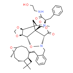 ChemSpider 2D Image | (1S,2S,6S,7R,10R,13S)-N-{(2R)-1-[(2-Hydroxyethyl)amino]-1-oxo-3-phenyl-2-propanyl}-N-methyl-9-oxo-11-(2-{[(1R,4R,10S)-4,12,12-trimethyl-5-oxatricyclo[8.2.0.0~4,6~]dodec-9-ylidene]methyl}benzyl)-3,5,8,
12-tetraoxa-11-azatetracyclo[5.5.2.0~2,6~.0~10,13~]tetradecane-13-carboxamide | C44H55N3O9