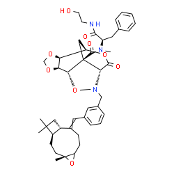 ChemSpider 2D Image | (1S,2S,6S,7R,10R,13S)-N-{(2R)-1-[(2-Hydroxyethyl)amino]-1-oxo-3-phenyl-2-propanyl}-N-methyl-9-oxo-11-(3-{[(1R,4R,10S)-4,12,12-trimethyl-5-oxatricyclo[8.2.0.0~4,6~]dodec-9-ylidene]methyl}benzyl)-3,5,8,
12-tetraoxa-11-azatetracyclo[5.5.2.0~2,6~.0~10,13~]tetradecane-13-carboxamide | C44H55N3O9