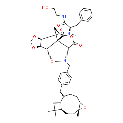 ChemSpider 2D Image | (1S,2S,6S,7R,10R,13S)-N-{(2R)-1-[(2-Hydroxyethyl)amino]-1-oxo-3-phenyl-2-propanyl}-N-methyl-9-oxo-11-(4-{[(1R,4R,10S)-4,12,12-trimethyl-5-oxatricyclo[8.2.0.0~4,6~]dodec-9-ylidene]methyl}benzyl)-3,5,8,
12-tetraoxa-11-azatetracyclo[5.5.2.0~2,6~.0~10,13~]tetradecane-13-carboxamide | C44H55N3O9