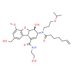 ChemSpider 2D Image | (3R,4S,4aS,9bS)-3-[6-Heptenoyl(3-isopropoxypropyl)amino]-4-hydroxy-N-(2-hydroxyethyl)-8-(hydroxymethyl)-6-methoxy-3,4,4a,9b-tetrahydrodibenzo[b,d]furan-1-carboxamide | C30H44N2O8