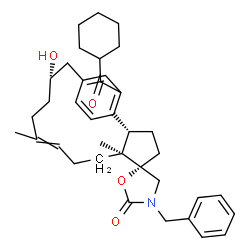 ChemSpider 2D Image | (2'S,5S,6'S,13'S)-3-Benzyl-17'-(cyclohexylcarbonyl)-13'-hydroxy-6',10'-dimethyl-2H-spiro[1,3-oxazolidine-5,5'-tricyclo[13.2.2.0~2,6~]nonadeca[1(17),9,15,18]tetraen]-2-one | C37H47NO4