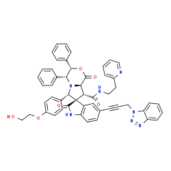 ChemSpider 2D Image | (3S,3'S,4'R,6'S,8'R,8a'R)-5-[3-(1H-Benzotriazol-1-yl)-1-propyn-1-yl]-6'-[4-(2-hydroxyethoxy)phenyl]-1',2-dioxo-3',4'-diphenyl-N-[2-(2-pyridinyl)ethyl]-1,2,3',4',8',8a'-hexahydro-1'H-spiro[indole-3,7'-
pyrrolo[2,1-c][1,4]oxazine]-8'-carboxamide | C51H43N7O6