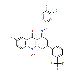 ChemSpider 2D Image | (1E)-7-Chloro-1-[(3,4-dichlorobenzyl)imino]-10-hydroxy-3-[3-(trifluoromethyl)phenyl]-1,3,4,10-tetrahydro-9(2H)-acridinone | C27H18Cl3F3N2O2