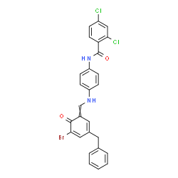 ChemSpider 2D Image | N-(4-{[(3-Benzyl-5-bromo-6-oxo-2,4-cyclohexadien-1-ylidene)methyl]amino}phenyl)-2,4-dichlorobenzamide | C27H19BrCl2N2O2