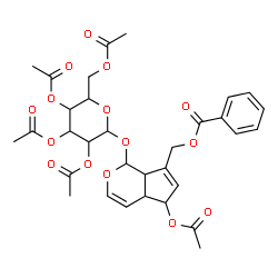 ChemSpider 2D Image | {5-Acetoxy-1-[(2,3,4,6-tetra-O-acetylhexopyranosyl)oxy]-1,4a,5,7a-tetrahydrocyclopenta[c]pyran-7-yl}methyl benzoate | C32H36O15