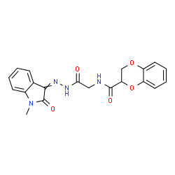 ChemSpider 2D Image | N-{2-[2-(1-Methyl-2-oxo-1,2-dihydro-3H-indol-3-ylidene)hydrazino]-2-oxoethyl}-2,3-dihydro-1,4-benzodioxine-2-carboxamide | C20H18N4O5