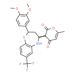 ChemSpider 2D Image | 3-[2-(3,4-Dimethoxyphenyl)-7-(trifluoromethyl)-2,3-dihydro-1,5-benzothiazepin-4(5H)-ylidene]-6-methyl-2H-pyran-2,4(3H)-dione | C24H20F3NO5S