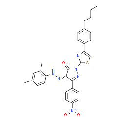 ChemSpider 2D Image | 2-[4-(4-Butylphenyl)-1,3-thiazol-2-yl]-4-[(2,4-dimethylphenyl)hydrazono]-5-(4-nitrophenyl)-2,4-dihydro-3H-pyrazol-3-one | C30H28N6O3S