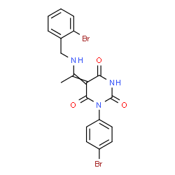 ChemSpider 2D Image | 5-{1-[(2-Bromobenzyl)amino]ethylidene}-1-(4-bromophenyl)-2,4,6(1H,3H,5H)-pyrimidinetrione | C19H15Br2N3O3