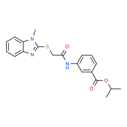 ChemSpider 2D Image | Isopropyl 3-({[(1-methyl-1H-benzimidazol-2-yl)sulfanyl]acetyl}amino)benzoate | C20H21N3O3S