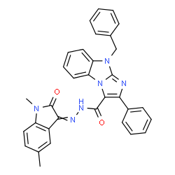 ChemSpider 2D Image | 9-Benzyl-N'-(1,5-dimethyl-2-oxo-1,2-dihydro-3H-indol-3-ylidene)-2-phenyl-9H-imidazo[1,2-a]benzimidazole-3-carbohydrazide | C33H26N6O2