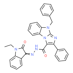 ChemSpider 2D Image | 9-Benzyl-N'-(1-ethyl-2-oxo-1,2-dihydro-3H-indol-3-ylidene)-2-phenyl-9H-imidazo[1,2-a]benzimidazole-3-carbohydrazide | C33H26N6O2
