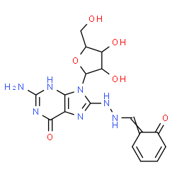 ChemSpider 2D Image | 2-Amino-8-{2-[(6-oxo-2,4-cyclohexadien-1-ylidene)methyl]hydrazino}-9-pentofuranosyl-3,9-dihydro-6H-purin-6-one | C17H19N7O6