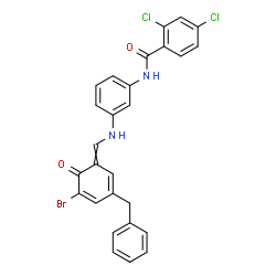 ChemSpider 2D Image | N-(3-{[(3-Benzyl-5-bromo-6-oxo-2,4-cyclohexadien-1-ylidene)methyl]amino}phenyl)-2,4-dichlorobenzamide | C27H19BrCl2N2O2