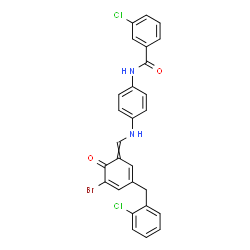 ChemSpider 2D Image | N-[4-({[5-Bromo-3-(2-chlorobenzyl)-6-oxo-2,4-cyclohexadien-1-ylidene]methyl}amino)phenyl]-3-chlorobenzamide | C27H19BrCl2N2O2