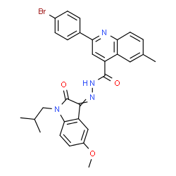 ChemSpider 2D Image | 2-(4-Bromophenyl)-N'-(1-isobutyl-5-methoxy-2-oxo-1,2-dihydro-3H-indol-3-ylidene)-6-methyl-4-quinolinecarbohydrazide | C30H27BrN4O3