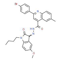 ChemSpider 2D Image | 2-(4-Bromophenyl)-N'-(1-butyl-5-methoxy-2-oxo-1,2-dihydro-3H-indol-3-ylidene)-6-methyl-4-quinolinecarbohydrazide | C30H27BrN4O3