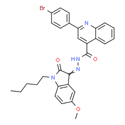 ChemSpider 2D Image | 2-(4-Bromophenyl)-N'-(5-methoxy-2-oxo-1-pentyl-1,2-dihydro-3H-indol-3-ylidene)-4-quinolinecarbohydrazide | C30H27BrN4O3
