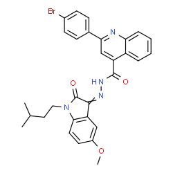 ChemSpider 2D Image | 2-(4-Bromophenyl)-N'-[5-methoxy-1-(3-methylbutyl)-2-oxo-1,2-dihydro-3H-indol-3-ylidene]-4-quinolinecarbohydrazide | C30H27BrN4O3