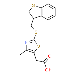ChemSpider 2D Image | {2-[(2,3-Dihydro-1-benzothiophen-3-ylmethyl)sulfanyl]-4-methyl-1,3-thiazol-5-yl}acetic acid | C15H15NO2S3