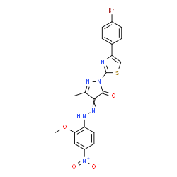 ChemSpider 2D Image | 2-[4-(4-Bromophenyl)-1,3-thiazol-2-yl]-4-[(2-methoxy-4-nitrophenyl)hydrazono]-5-methyl-2,4-dihydro-3H-pyrazol-3-one | C20H15BrN6O4S