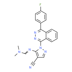 ChemSpider 2D Image | N'-{4-Cyano-1-[4-(4-fluorophenyl)-1-phthalazinyl]-1H-pyrazol-5-yl}-N,N-dimethylimidoformamide | C21H16FN7