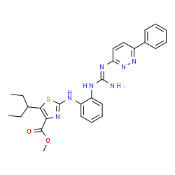 ChemSpider 2D Image | Methyl 5-(3-pentanyl)-2-({2-[N''-(6-phenyl-3-pyridazinyl)carbamimidamido]phenyl}amino)-1,3-thiazole-4-carboxylate | C27H29N7O2S