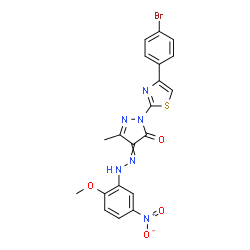 ChemSpider 2D Image | 2-[4-(4-Bromophenyl)-1,3-thiazol-2-yl]-4-[(2-methoxy-5-nitrophenyl)hydrazono]-5-methyl-2,4-dihydro-3H-pyrazol-3-one | C20H15BrN6O4S